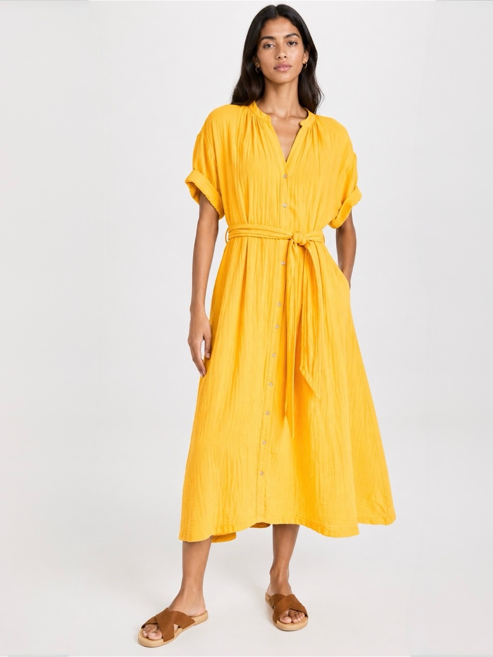 Xirena Cate Dress Size XS Sun Gauze Midi Dress Belted Yellow Cotton
